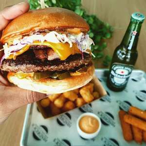 A handcrafted burger from Hendrick's Burgers and Salads, Caulfield South
